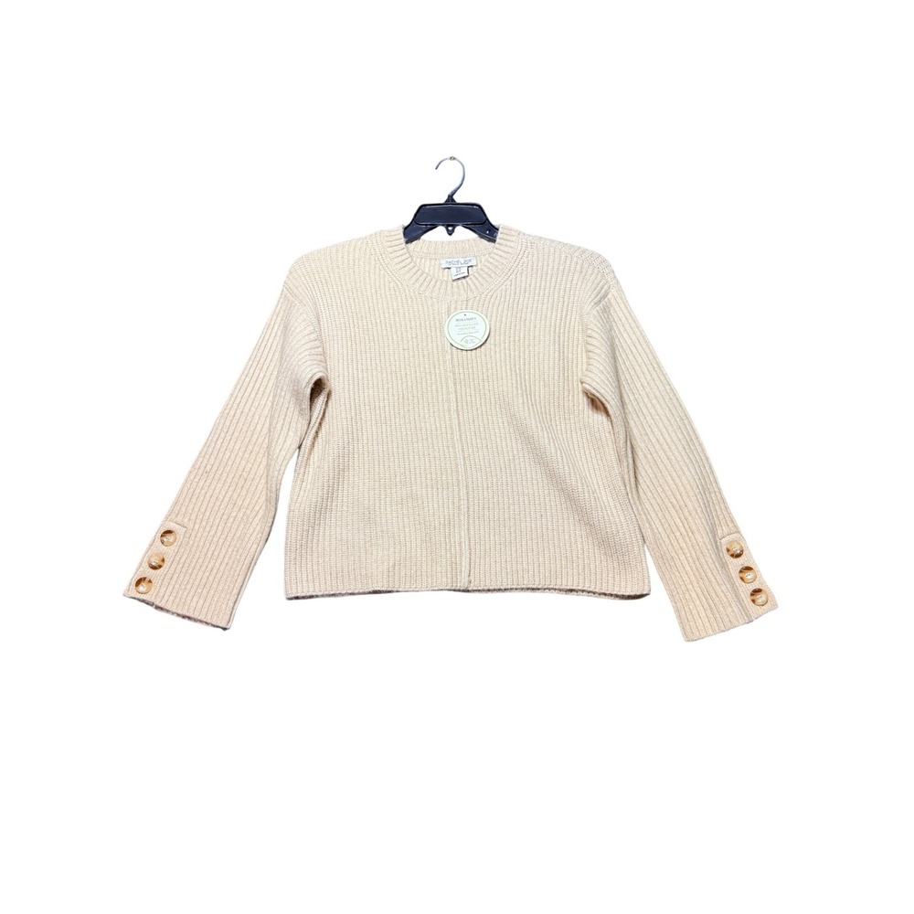 Rachel Zoe Ribbed Knit Crewneck Sweater Women Medium Cream NWT Button Cuff